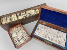 THREE BOXED VINTAGE GAMES, including mahogany cased set bone playing cards as in the style of