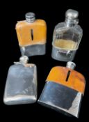 FOUR HIP FLASKS, including George VI silver flask engraved with initials 'JPA', a cut glass and