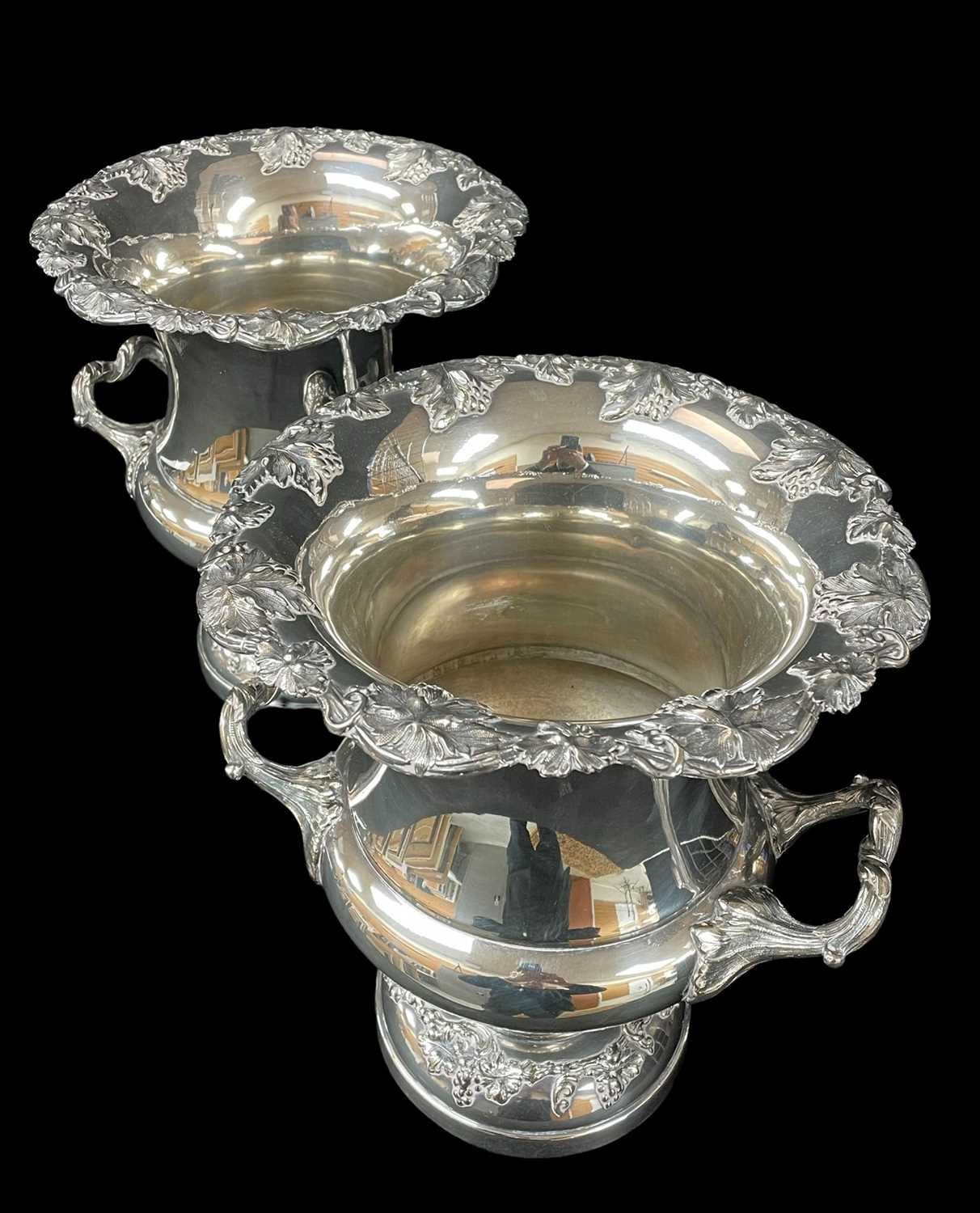 IMPRESSIVE PAIR OF ELECTROPLATED WINE COOLERS, of classical urn form with twin handles and decorated - Image 2 of 2