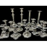 SIX PAIRS OF ELECTROPLATED CANDLESTICKS, to include pair of corinithian column style, 27cms high;