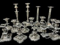 SIX PAIRS OF ELECTROPLATED CANDLESTICKS, to include pair of corinithian column style, 27cms high;