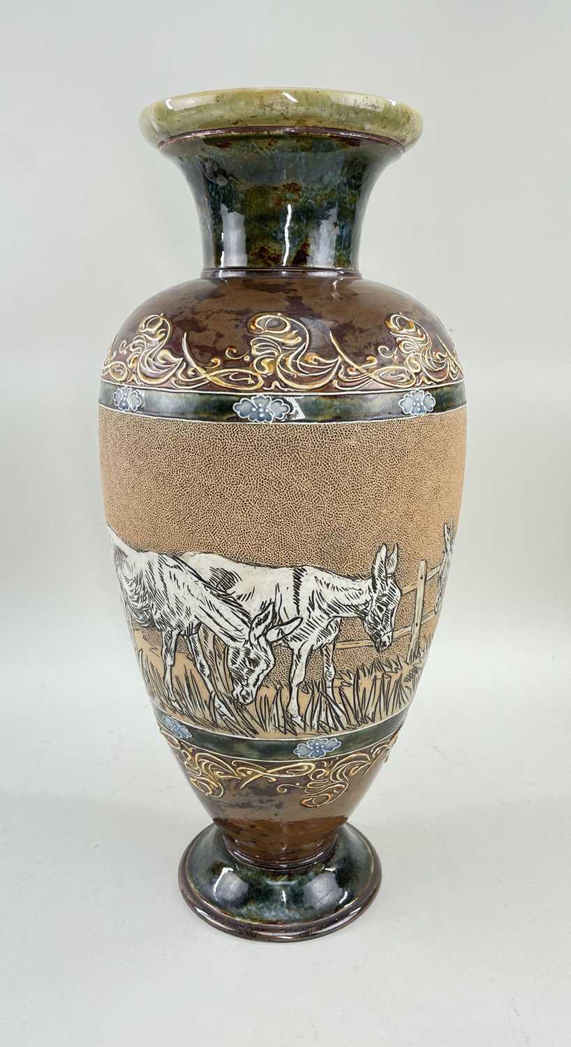 DOULTON LAMBETH STONEWARE VASE BY HANNAH BARLOW, sgraffito decorated with donkeys grazing, with - Image 2 of 6