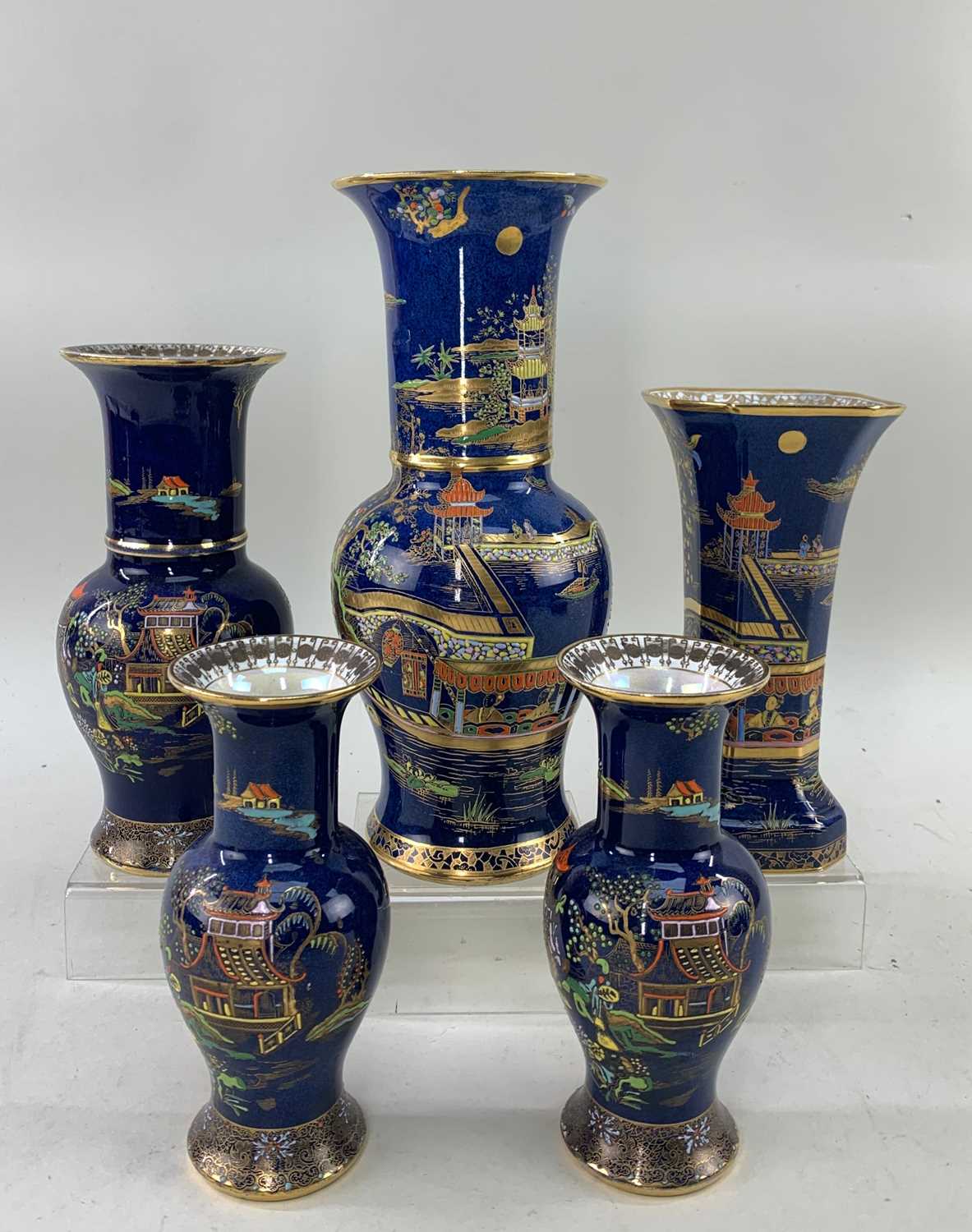 CARLTON WARE BLUE GROUND NEW MIKADO PATTERN VASES, to include a pair of Gu form vases, 17cms high