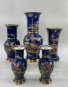 CARLTON WARE BLUE GROUND NEW MIKADO PATTERN VASES, to include a pair of Gu form vases, 17cms high