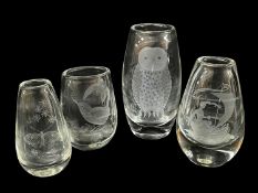 FOUR STRATHEARN ETCHED GLASS VASES, with rolled tops, owl, robin, butterfly and classical scene,