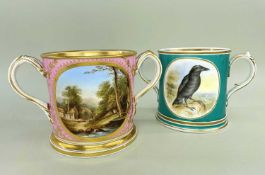 TWO 19TH CENTURY BONE CHINA LOVING CUPS comprising a Davenport cup painted with a crow, script verso