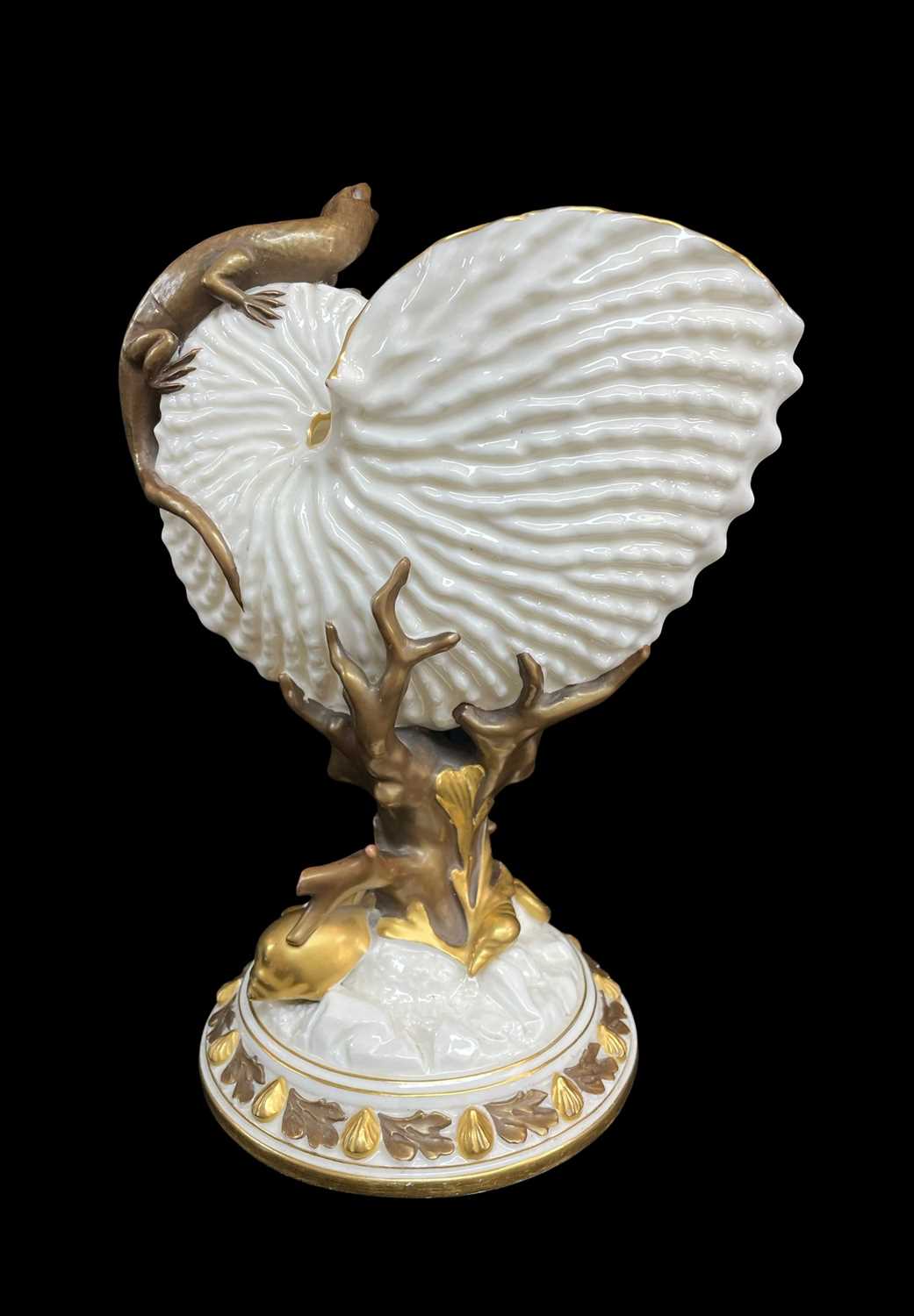 ROYAL WORCESTER NAUTILUS SHELL VASE, on gilded coral and shell support, surmounted by a salmander or - Image 2 of 2