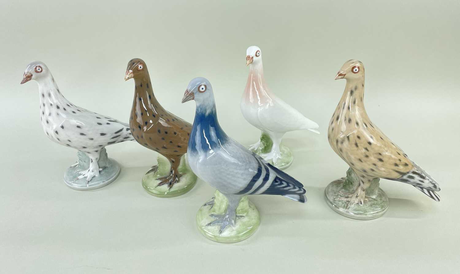 SET OF FIVE ROYAL COPENHAGEN MODELS OF PIGEONS, in standing pose, model number '3510', in various