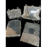 FOUR SILVER PURSES & CASES, comprising Victorian card case, Edward VII embossed purse on chain