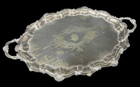 LARGE ELECTROPLATED TRAY, retailed by Barry & Sons, Cardiff, with shell and scroll decoration,