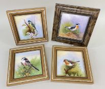 FOUR HAND-PAINTED PORCELAIN SQUARE BIRD PLAQUES, by former Royal Worcester artist Nigel Creed, all 9