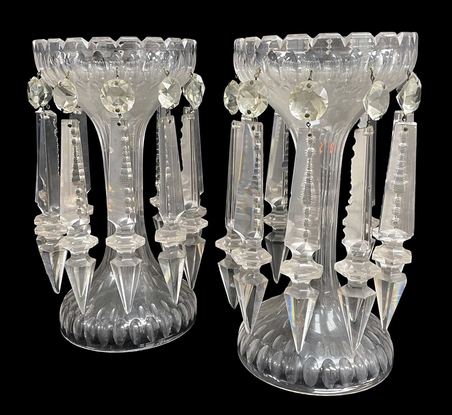 PAIR OF VICTORIAN CLEAR GLASS LUSTRES with castellated style cut rims, hollow stem, spreading