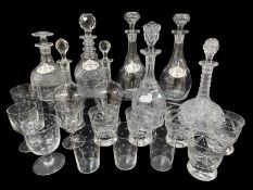 QUANTITY OF GLASSWARE to include six various cut glass decanters (one pair), some with ceramic