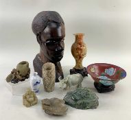 ASSORTED CHINESE ORNAMENTS, including soapstone peach branch vase, two stone figures of Budai,