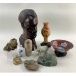 ASSORTED CHINESE ORNAMENTS, including soapstone peach branch vase, two stone figures of Budai,