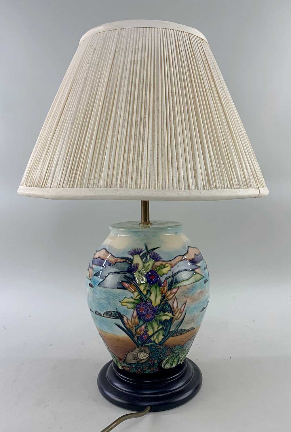 MOORCROFT POTTERY 'ISLA' PATTERN TABLE LAMP, designed by Rachel Bishop, 25cms high together with - Image 2 of 3