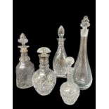 FIVE GLASS DECANTERS, one with hallmarked silver collar, one Edinburgh Crystal, together with a