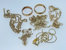 GOLD JEWELLERY comprising 15ct gold chain, four 9ct gold chains, yellow metal chain and two 9ct gold