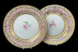 PAIR BONE CHINA CABINET PLATES, probably Coalport, with central rose sprig within roses panelled