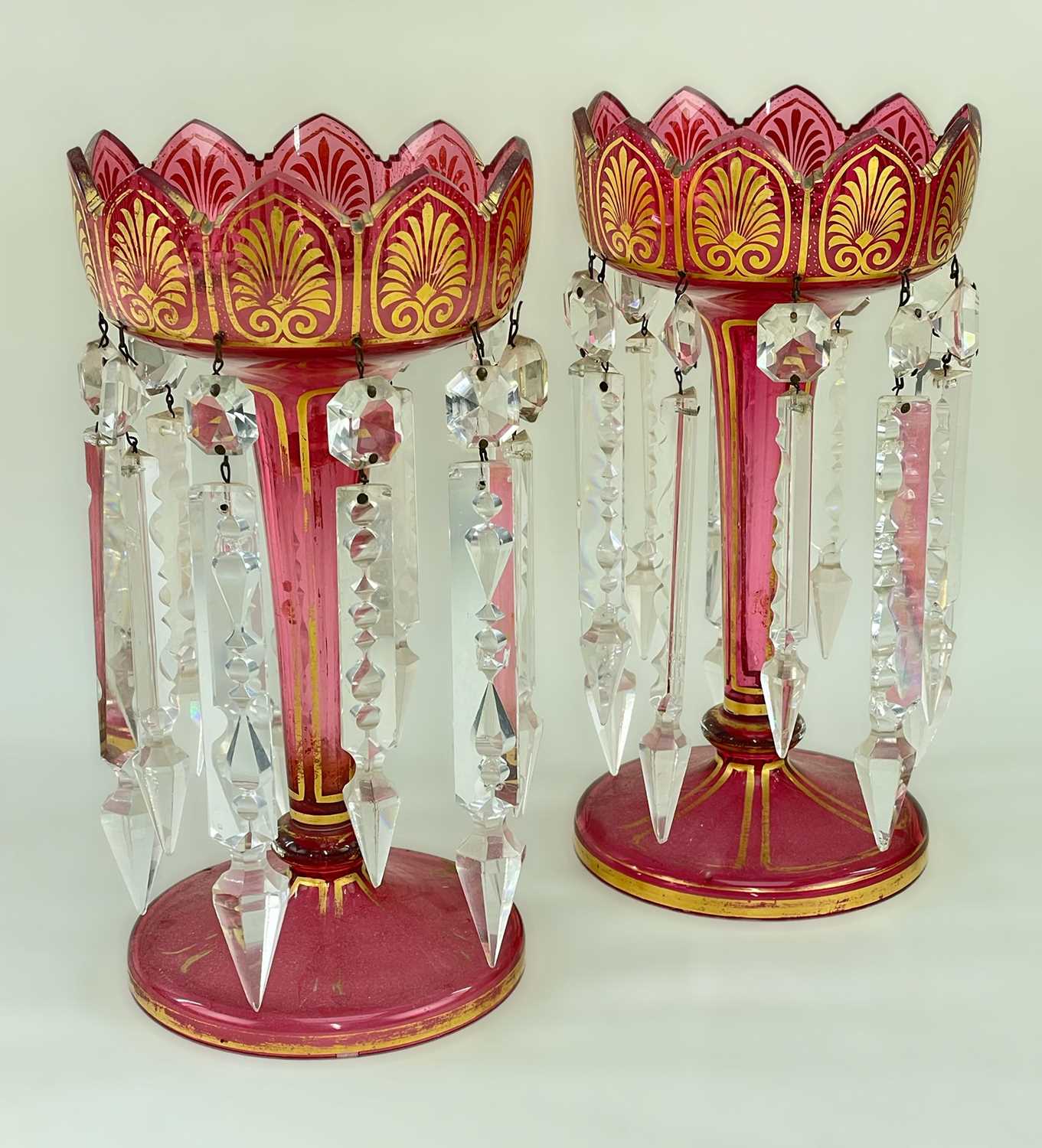 PAIR OF VICTORIAN PINK GLASS LUSTRES, gilt anthemion highlights, and leaf form rims, 28 h x 14.