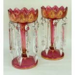 PAIR OF VICTORIAN PINK GLASS LUSTRES, gilt anthemion highlights, and leaf form rims, 28 h x 14.