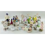 COLLECTION OF MAINLY CONTINENTAL PORCELAIN FIGURINES, including three pairs, together with a