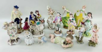 COLLECTION OF MAINLY CONTINENTAL PORCELAIN FIGURINES, including three pairs, together with a