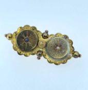 YELLOW METAL DOUBLE FLOWERHEAD BAR BROOCH, set with pearls, unmarked, 5.9gms Provenance: private