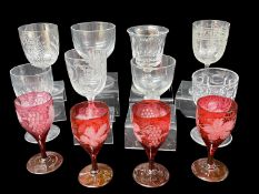 SELECTION OF GOOD QUALITY EARLY WINE GLASSES & RUMMERS, some with etched decoration, together with