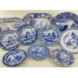 GROUP OF SWANSEA BLUE & WHITE TRANSFER PLATES & PLATTERS including patterns 'Ladies of