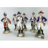 DRESDEN PORCELAIN NAPOLEONIC MILITARY FIGURES, six including Napoleon, Husar, Lafayette, Drummer,