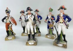 DRESDEN PORCELAIN NAPOLEONIC MILITARY FIGURES, six including Napoleon, Husar, Lafayette, Drummer,