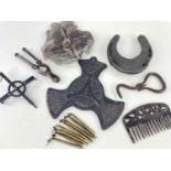 SMALL GROUP ASSORTED METALWARE, including Victorian trivet, lead plaque, possibly a fire mark,