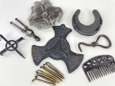 SMALL GROUP ASSORTED METALWARE, including Victorian trivet, lead plaque, possibly a fire mark,