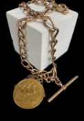 9CT GOLD ALBERT WATCH CHAIN, curb link with T-bar and scroll mounted Edward VII double sovereign
