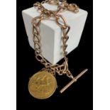 9CT GOLD ALBERT WATCH CHAIN, curb link with T-bar and scroll mounted Edward VII double sovereign