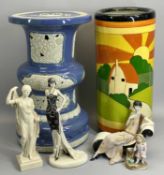 CHINESE TYPE POTTERY STOOL, 46cms tall, Clarice Cliff style stick stand, 36cms tall, three Art