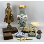 EASTERN ASSORTMENT - to include Cloisonne vase, floral decorated, 39cms tall, wooden figure of a