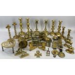 BRASSWARE 'THE COTTAGE JACK' SPIT, five pairs of candlesticks, John Knight ornamental clock,