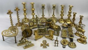 BRASSWARE 'THE COTTAGE JACK' SPIT, five pairs of candlesticks, John Knight ornamental clock,