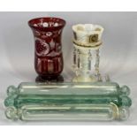 ANTIQUE GLASS ROLLING PINS (3), glass lustre vase and an etched ruby glass vase, 25cms H