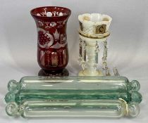 ANTIQUE GLASS ROLLING PINS (3), glass lustre vase and an etched ruby glass vase, 25cms H