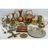 COPPER & BRASSWARE - an assortment, also, vintage geometry box, pewter plate, ETC