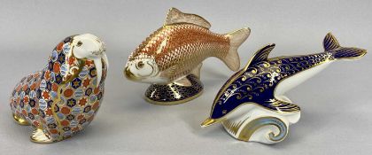 ROYAL CROWN DERBY PAPERWEIGHTS (3) - a walrus, a dolphin and a fish (no stoppers)