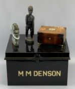 METAL DEED BOX - 26 x 43 x 31cms, small mineral bust, carved wooden figure and a jewellery box, an