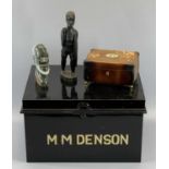 METAL DEED BOX - 26 x 43 x 31cms, small mineral bust, carved wooden figure and a jewellery box, an