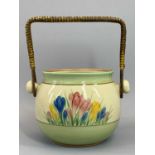 CLARICE CLIFF NEWPORT POTTERY 'CROCUS' PATTERN SWING HANDLE BISCUIT BARREL (no lid) - 12.5cms tall