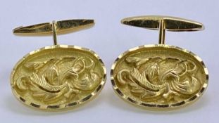 18CT GOLD CUFFLINKS, A PAIR - with embossed floral decoration, 12.4grms