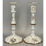 PAIR OF LATE 18TH CENTURY STAFFORDSHIRE ENAMEL CANDLESTICKS, painted in polychrome enamels with