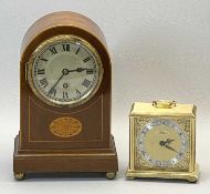 EDWARDIAN MAHOGANY DOME TOP MANTEL CLOCK - with shell inlay and silvered dial by Newbridge Works,